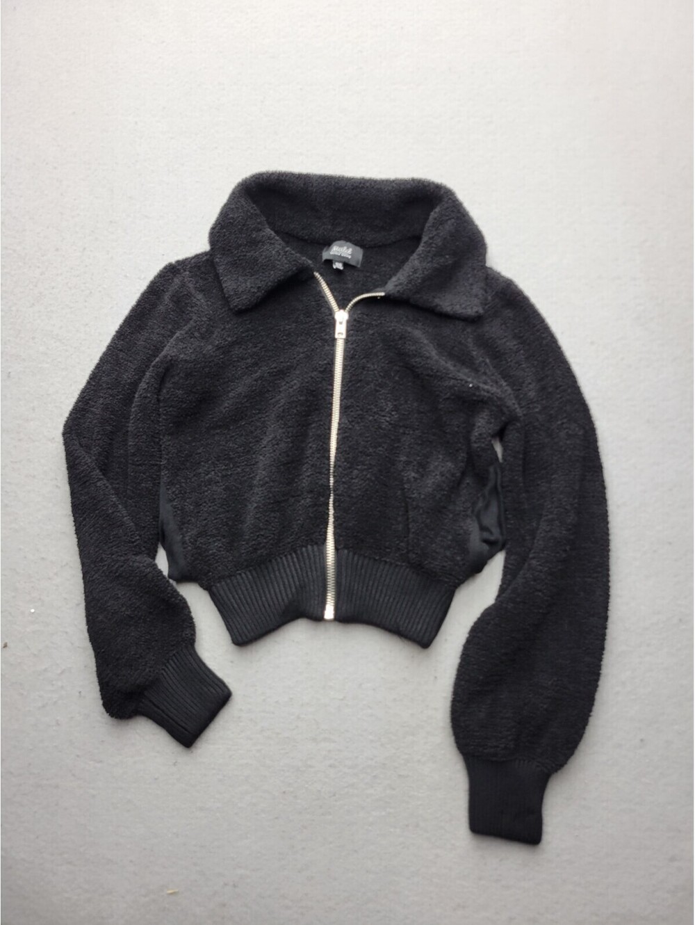 Marled Women's Jacket Size XS Black Cropped Solid Fleece Pockets Collared Zip